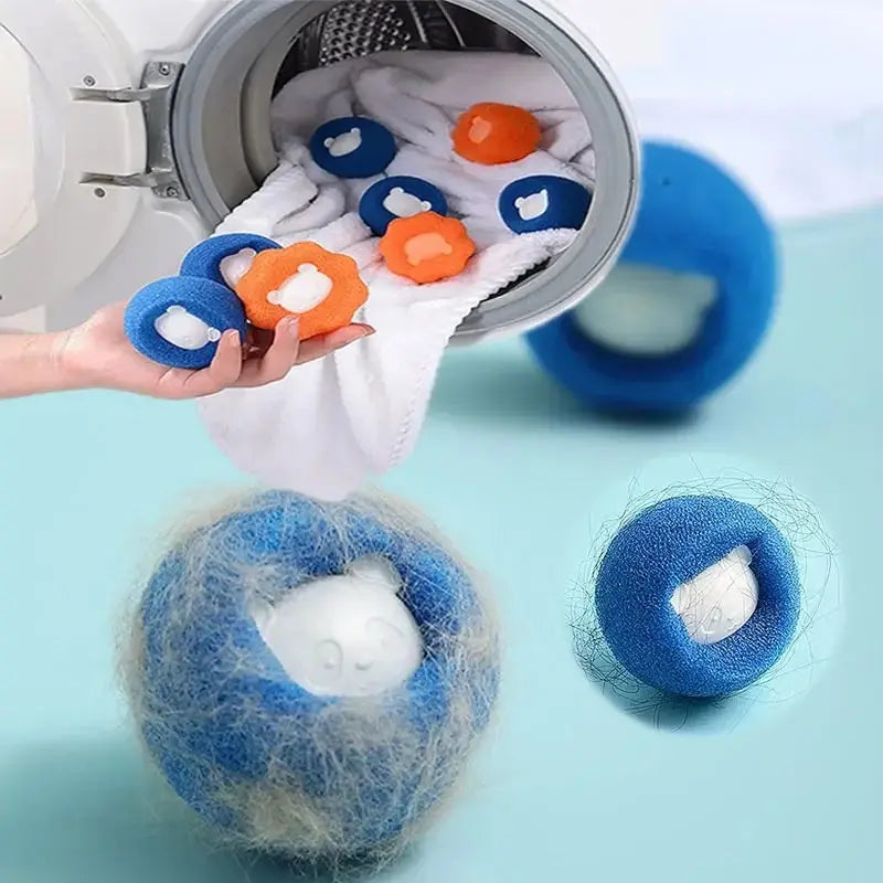 Attrape-poils bleus et orange près d’un lave-linge